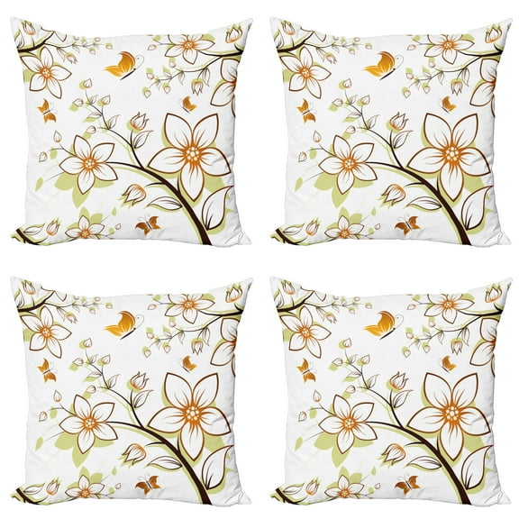 Ambesonne Autumn Throw Pillow Cover 4 Pack, Seasonal Flora Fauna, 16", Orange Pale Green Black