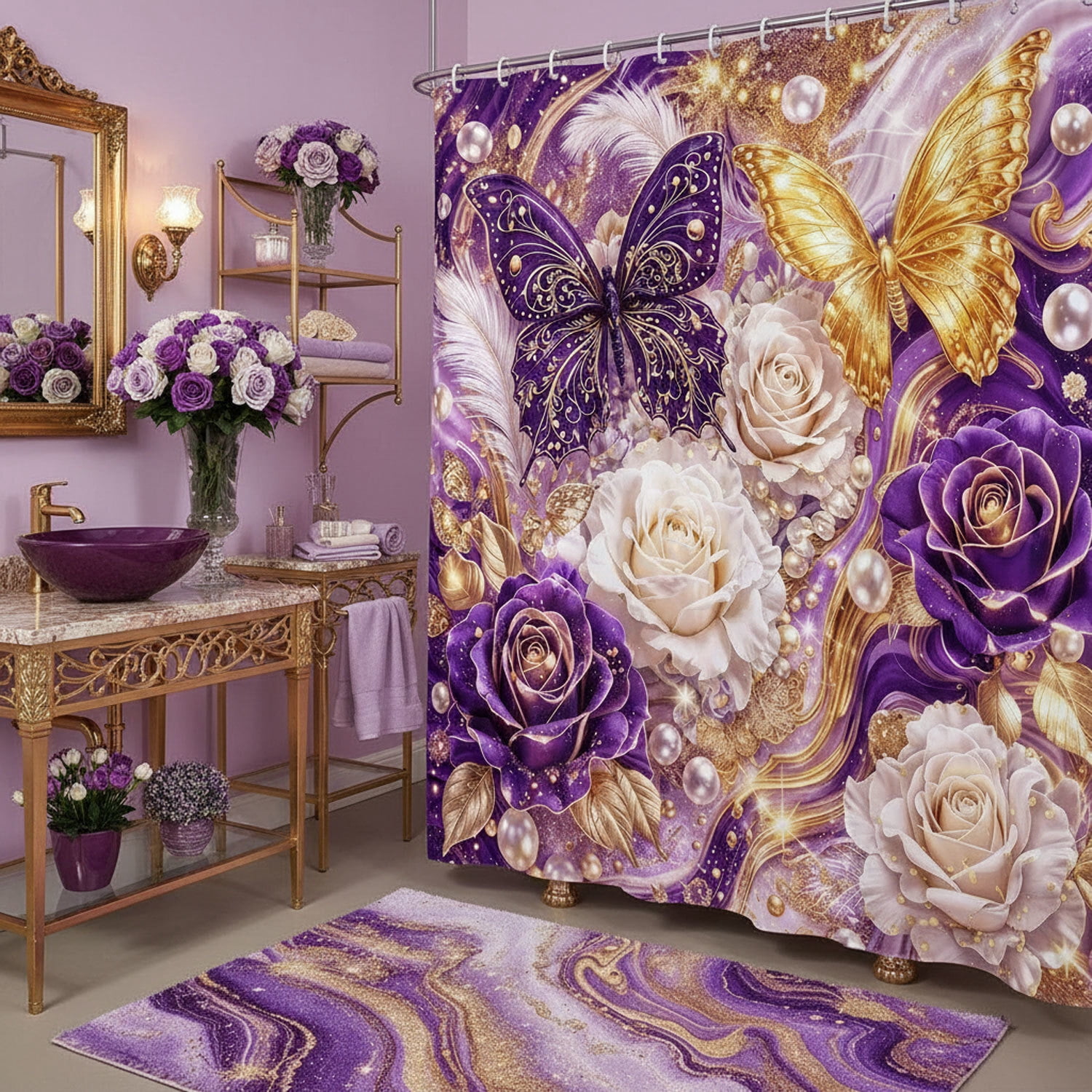 Luxury Purple and Gold Butterfly Floral Shower Curtain, Elegant Marble Rose Modern Texture Shower Curtains for Bathroom Decor, Elegant Golden Fluid Aesthetic Bath Curtain Set with Hooks,70X70IN