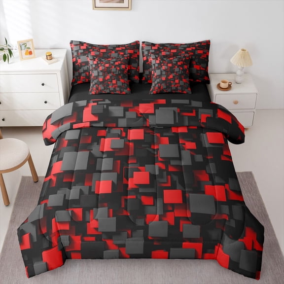 Homewish 3D Plaid Print 7-Piece Twin Bedding,Black Red Bedding Comforter Set,Black Reversible