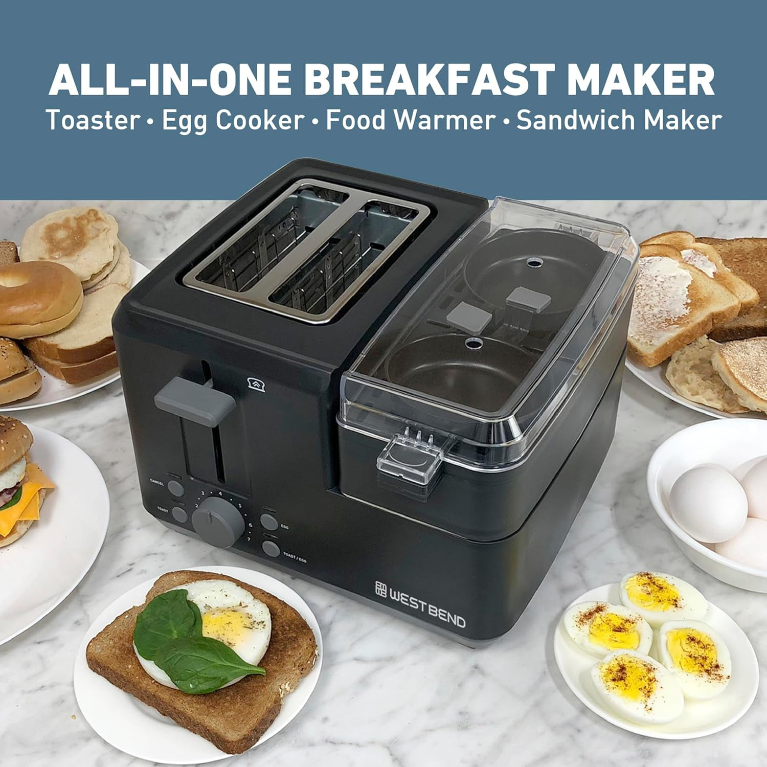 Breakfast Station 2-Slice Toaster and Egg Cooker/Poacher with Removable Pre-Cooked Meat and Vegetable Warming Tray for Perfect Breakfast Sandwiches, 1200-, Black