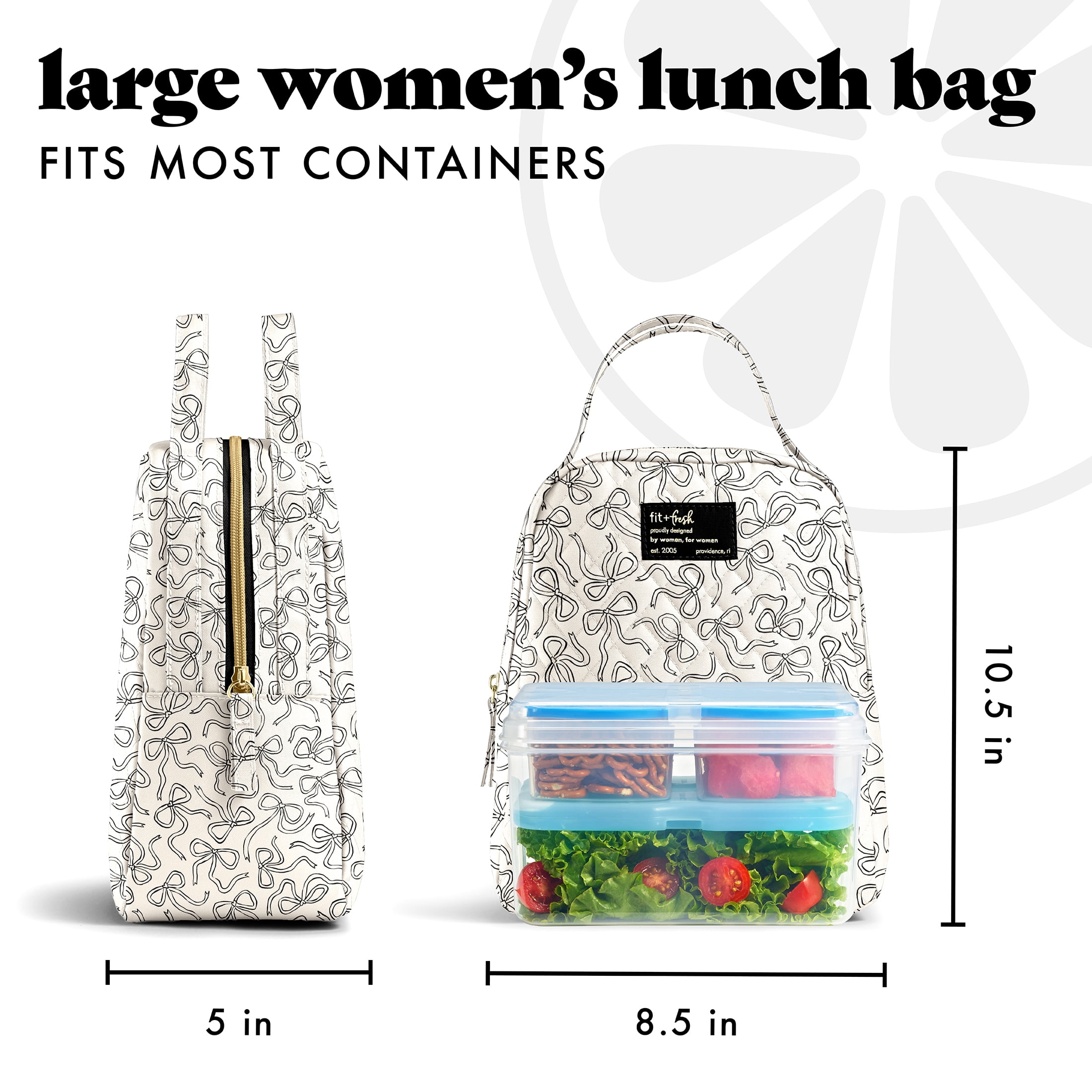 Fit & Fresh Evelyn Quilted Lunch Bag for Women, White with Black Sketched Bows