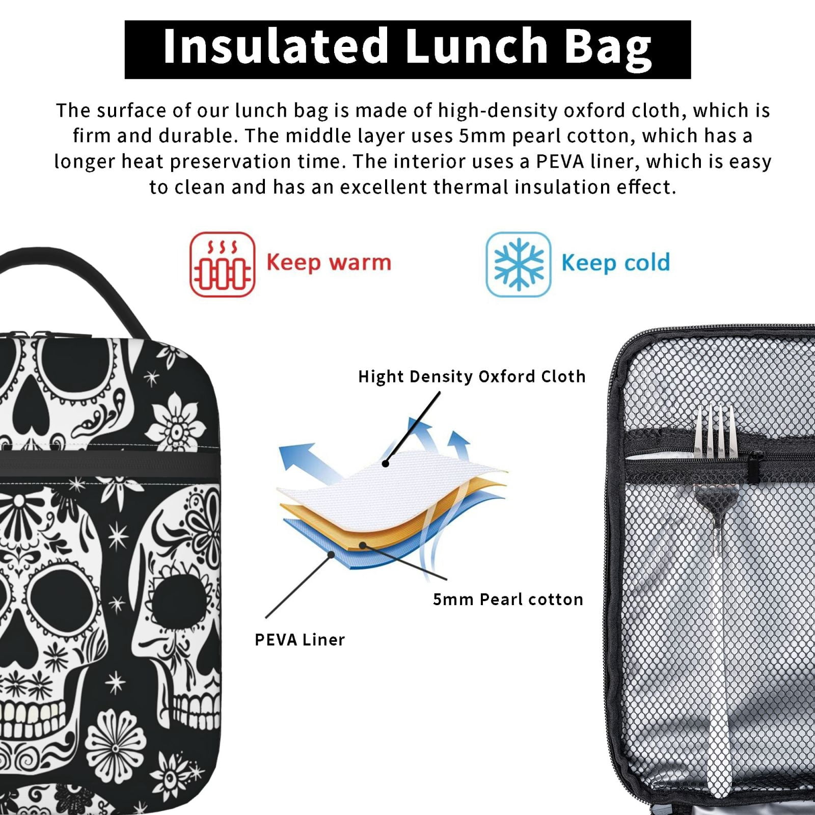 Lunch Bag For Women Men Insulated Portable Lunch Box Bento Box Office Picnic Travel Cooler Bag Festive Cute Sugar Skulls (8)