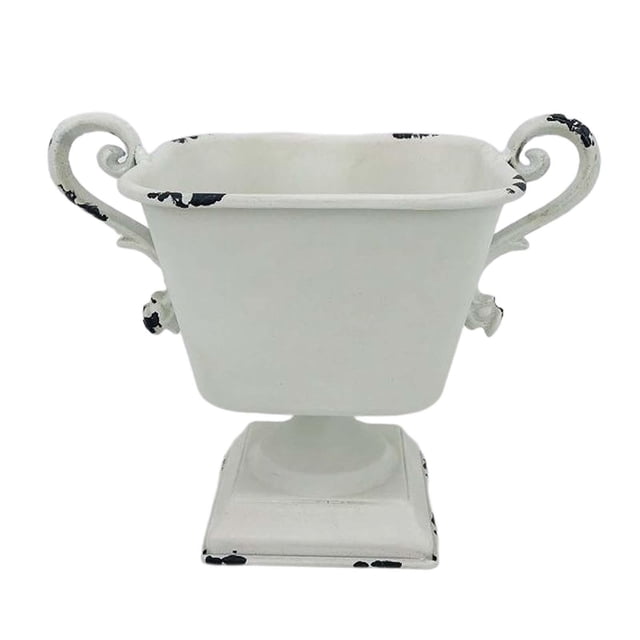 Maceta de hierro para flores, adorno para suelo de escritorio, decoración de mesa con asas para el hogar Blanco