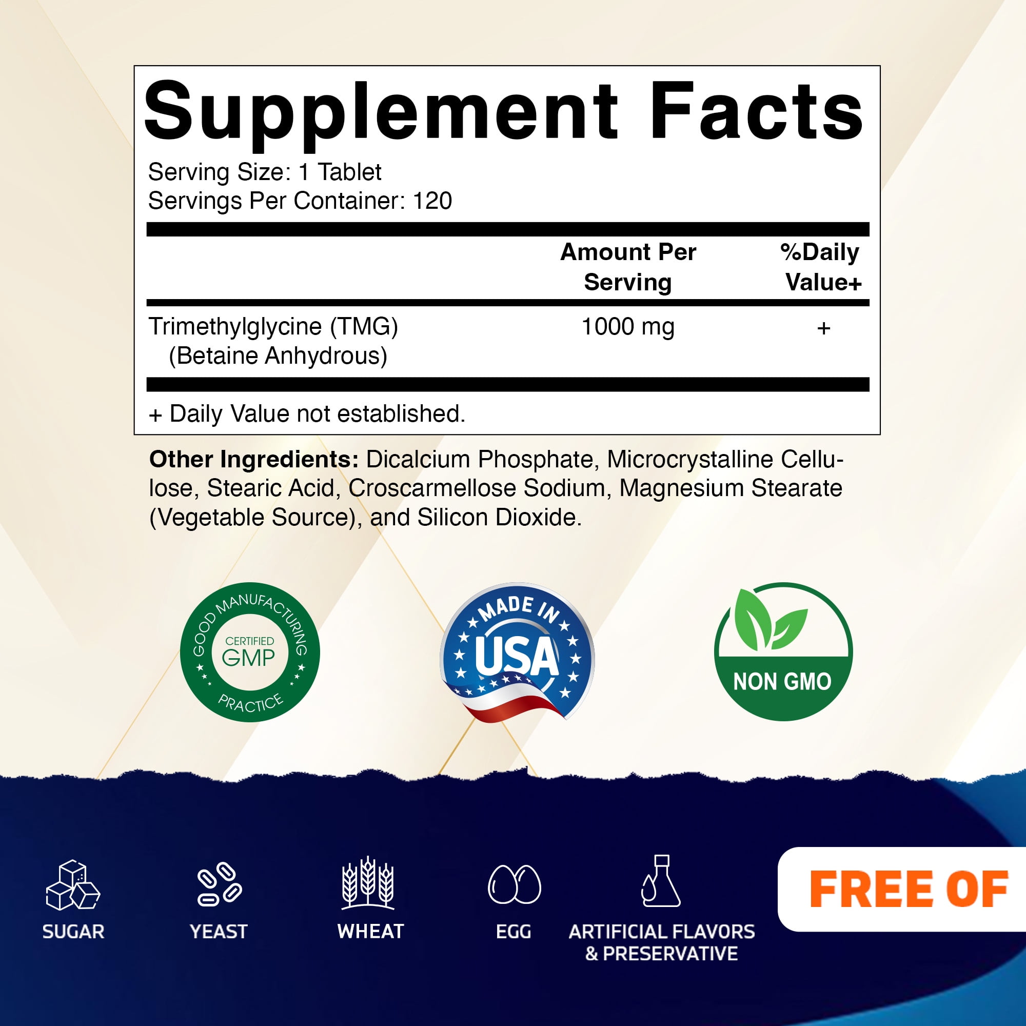 Vitamatic TMG Supplements 1000mg Trimethylglycine Betaine Anhydrous Non-GMO Gluten Free 3 Bottles 120 Tablets