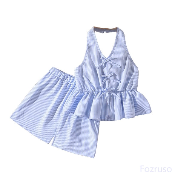 Fozruso Kids Girls Summer Outfit Bow Tie Stripes V Neck Top And Shorts Two Piece Playwear Casual Clothes Girls Outfit Sets,Blue,7-8 Years