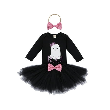 

Yinyinxull Newborn Baby Girls Halloween Clothes Sets Cartoon Letter Print Romper Tulle Skirt Headband Black 18-24 Months