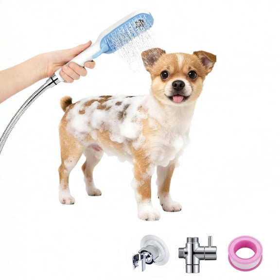 Ouxumoll Pet Bath Sprayer Attachment for Tub,4-Mode Handheld Shower with Long Handle and Silicone Brush, Massage Grooming Tool for Dogs and Cats, Water-Saving Rinse Sprayer for Home Use