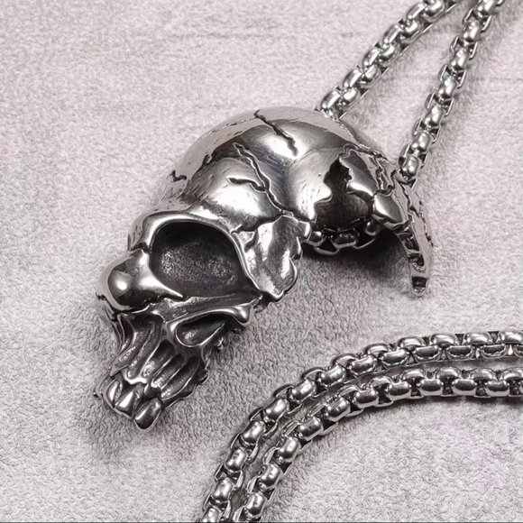 HOOUN Men Punk Gothic Silver Broken Damaged Half Face Skull Pendant Necklace Chain 24"