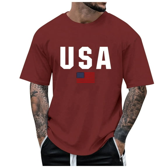 gvdentm American Flag Shirts for Men Men's American Flag Short Long Sleeve T-Shirt Wine,3XL