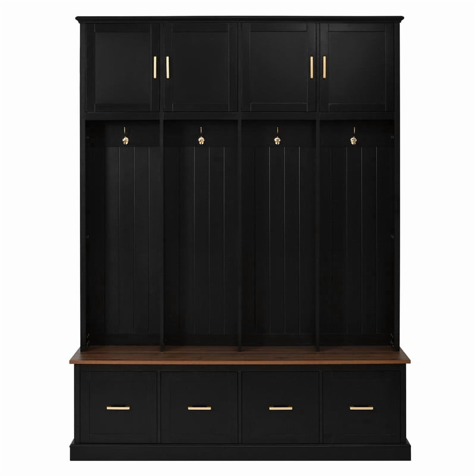 Farmhouse Wooden Entryway Hall Tree with Coat Hooks, Multi-functional Storage Cabinet with Shoe Bench and Drawers
