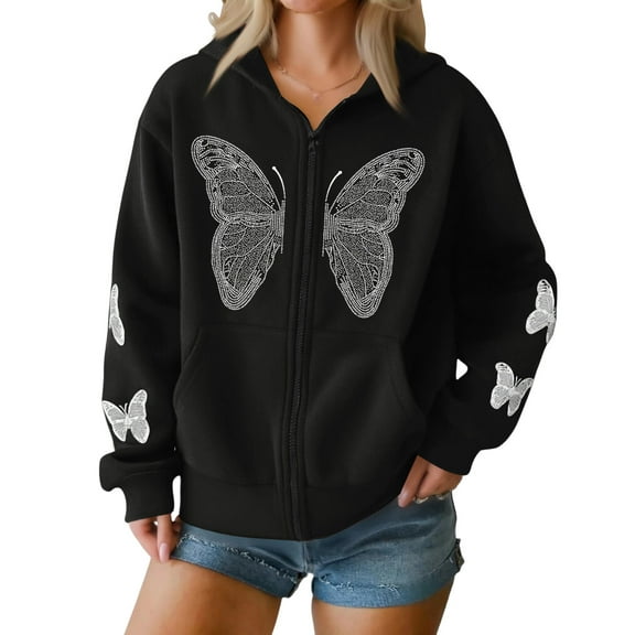 CharmCyan Women's Casual Loose Winter Butterfly Zipper Hooded Long Sleeve Pocket Jacket Black L
