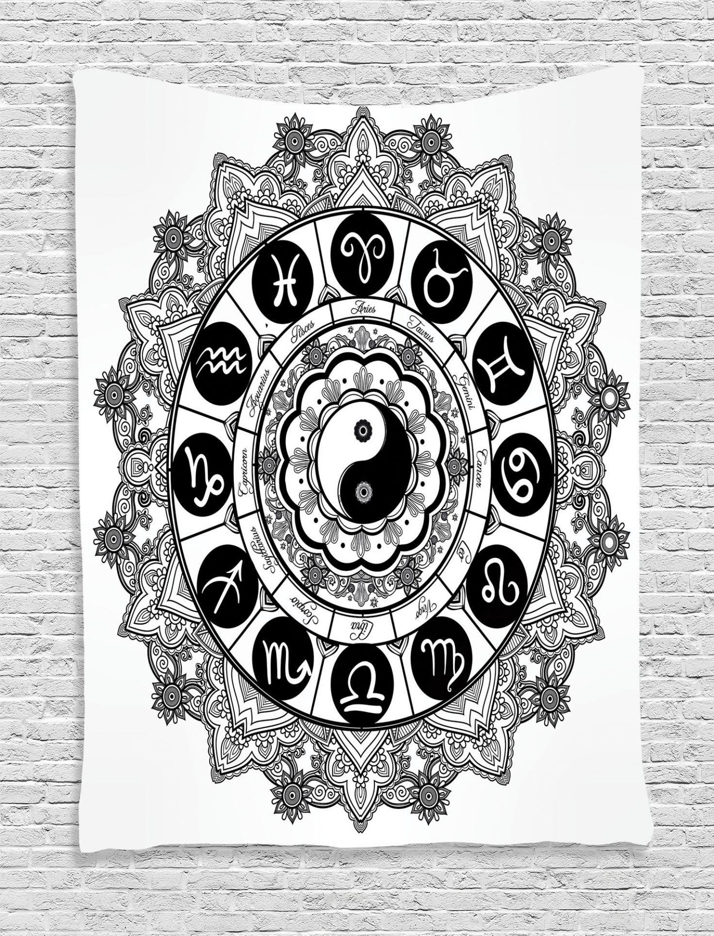 Ying Yang Tapestry, Round Zodiac Theme Design with Yin Yang Symbol in ...