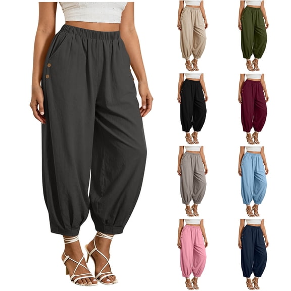 Admvng Balloon Pants for Women Cotton Elastic Waist Wide Leg Casual Summer Loose Fit Harem Pants