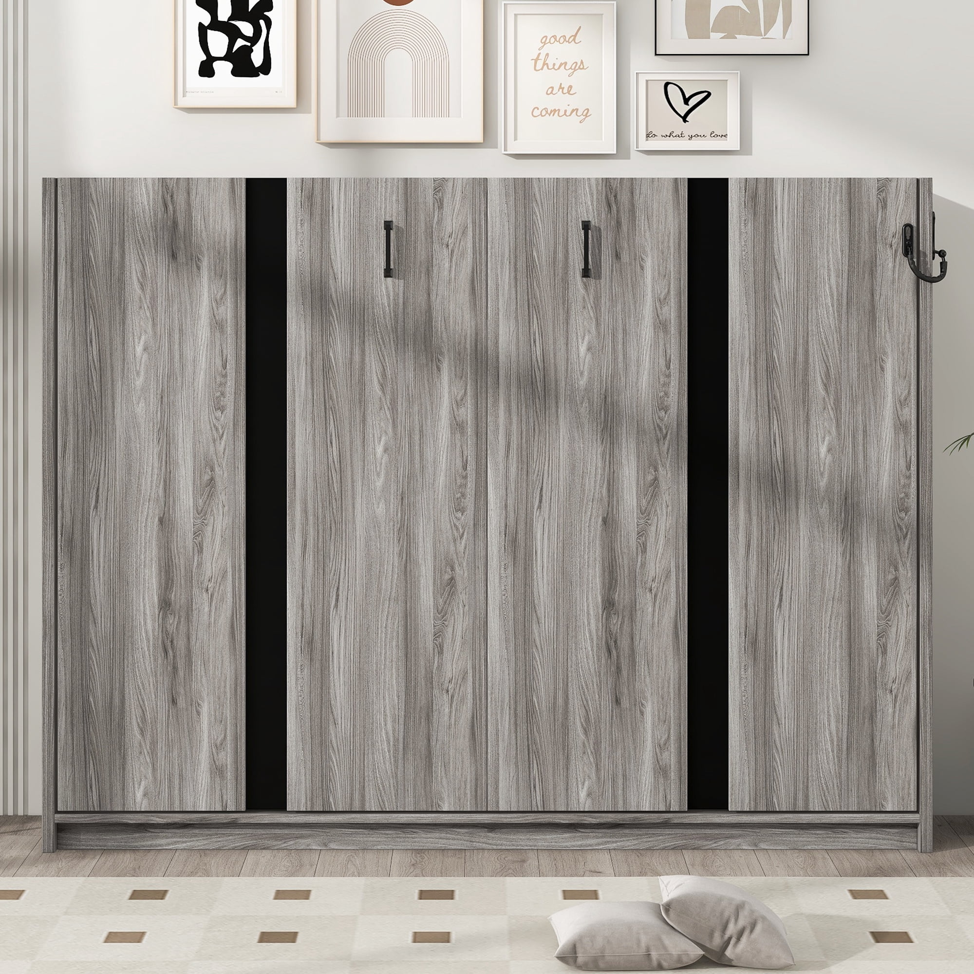 Euroco Wood Full Size Murphy Bed, Convertible into Cabinet, Gray
