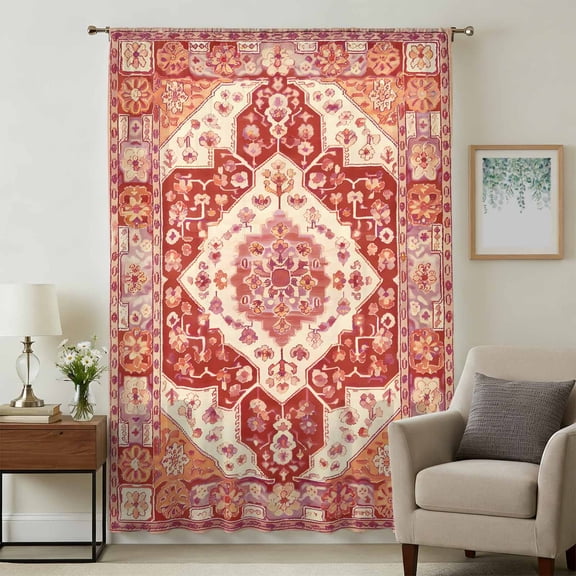 Burnt Orange Boho Sheer Curtains 96 Inches Long, Ethnic Geometric Southwest Light Filering Curtains, Privacy Drapes Simi Floor to Veiling Curtain for Living Room Bedroom Large Window Treatment