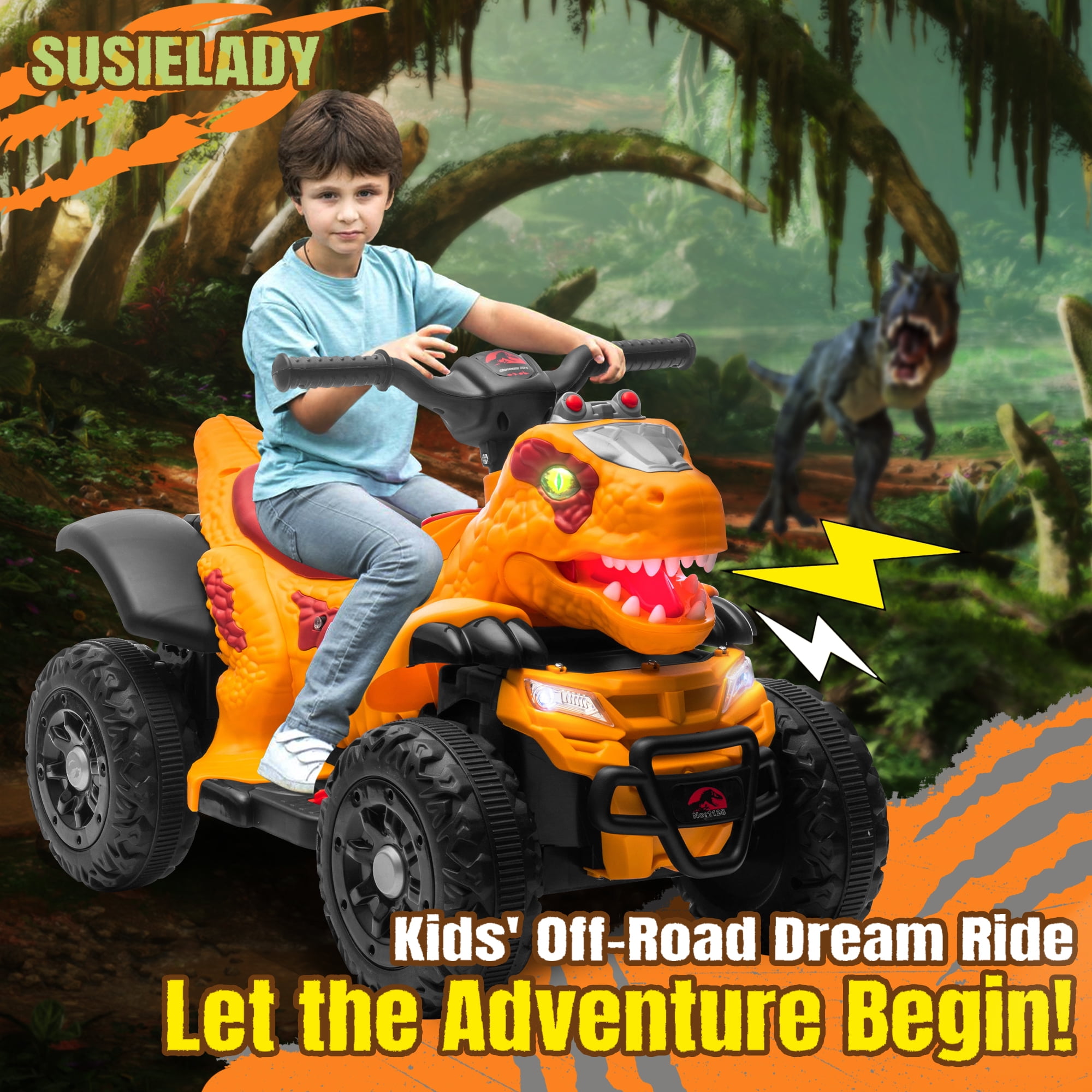 SUSIELADY 12V Kids Dinosaur Ride on ATV, Quad 4 Wheeler Dinosaur Design, Electric Ride on Toy, Music Early Education Function, Power Display, Safe Driving, Outdoor Toy for Boys Girls Aged 2-6, Yellow