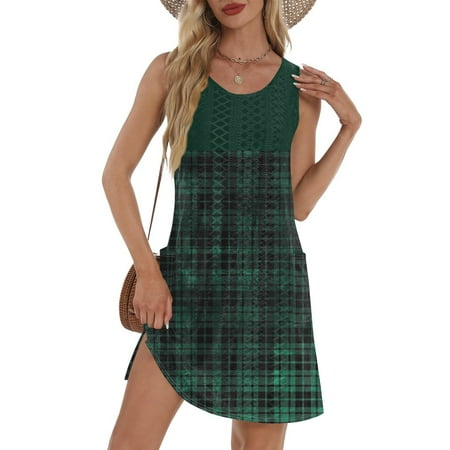 GXIPO Plus Size Summer Dresses Swimdress for Women Eyelet Casual Boho Sleeveless Bikini Beach Cover Up Tank Swimsuit Coverup Petite Summer Dresses for Women with Pockets Dark Green L