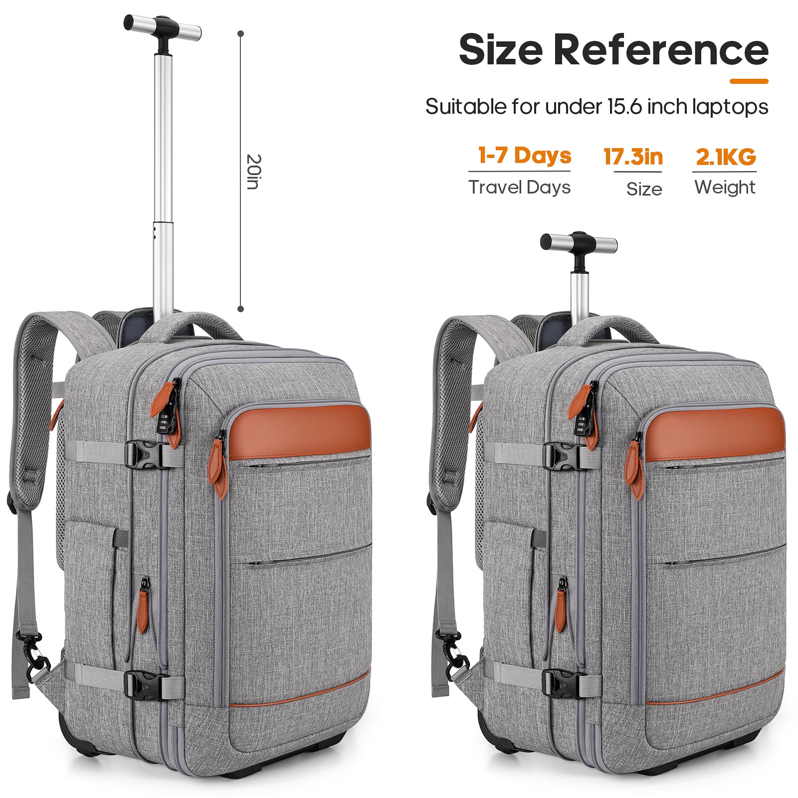 UKEIN Rolling Backpack for Adults Backpack with Wheels with USB Charging Port & Combination Lock Roller Backpack with Packing Cubes and Shoe Pocket