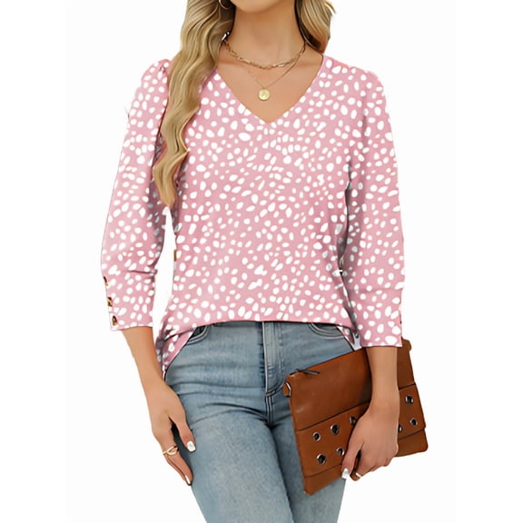 Womens 3/4 Sleeve Tops with Buttons V-Neck Summer Outfits Casual Shirts Beach Vacation Fall Clothes 2025 Pink Print M