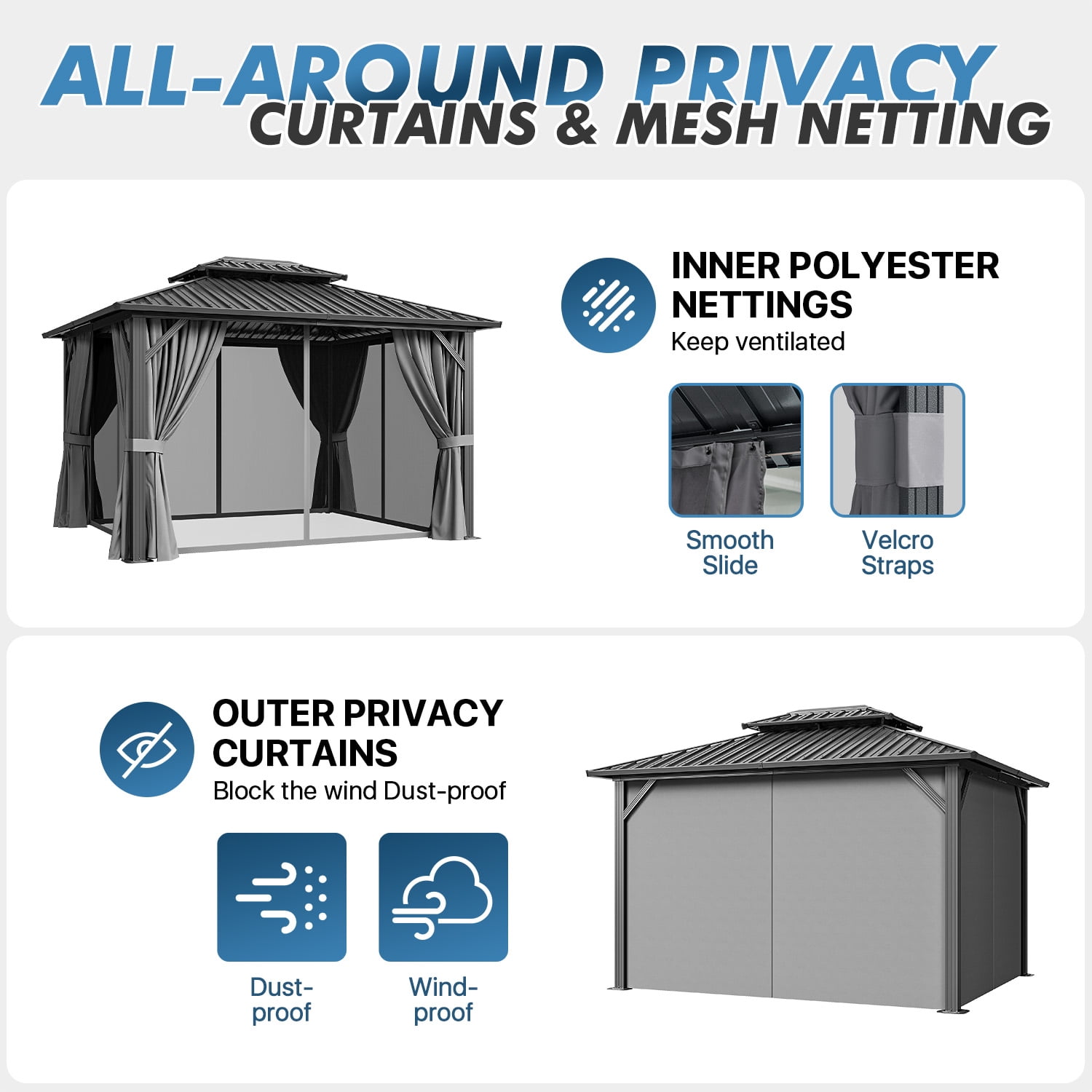 Sumnthink 10'x12' Hardtop Gazebo, Steel Double Galvanized Top Canopy, Aluminum Frame Permanent Pavilion Metal Gazebo with Netting and Curtains, for Patio, Garden, Lawn