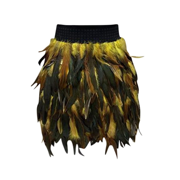 LWavelet Women Feather Decor Mini Skirt High Waist Fuzzy Texture Cute Party Skirt Yellow S