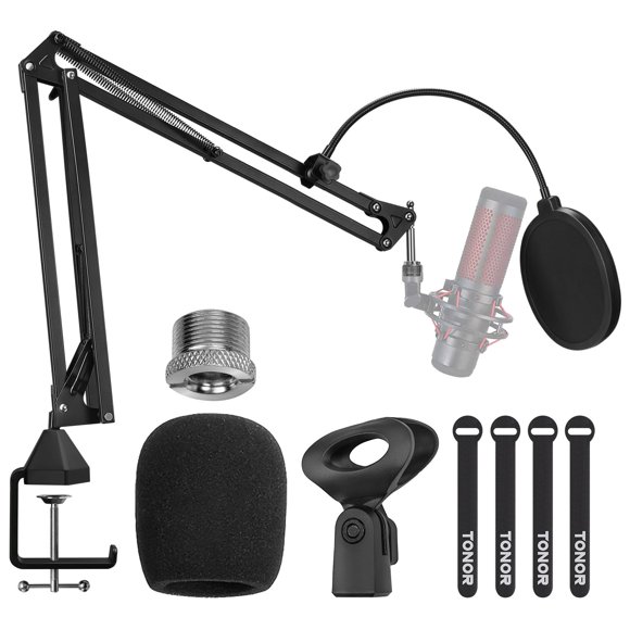 TONOR Microphone Arm Stand, Adjustable Suspension Boom Scissor Mic Stand with Pop Filter, 3/8" to 5/8" Adapter, Mic Clip, Upgraded Heavy Du