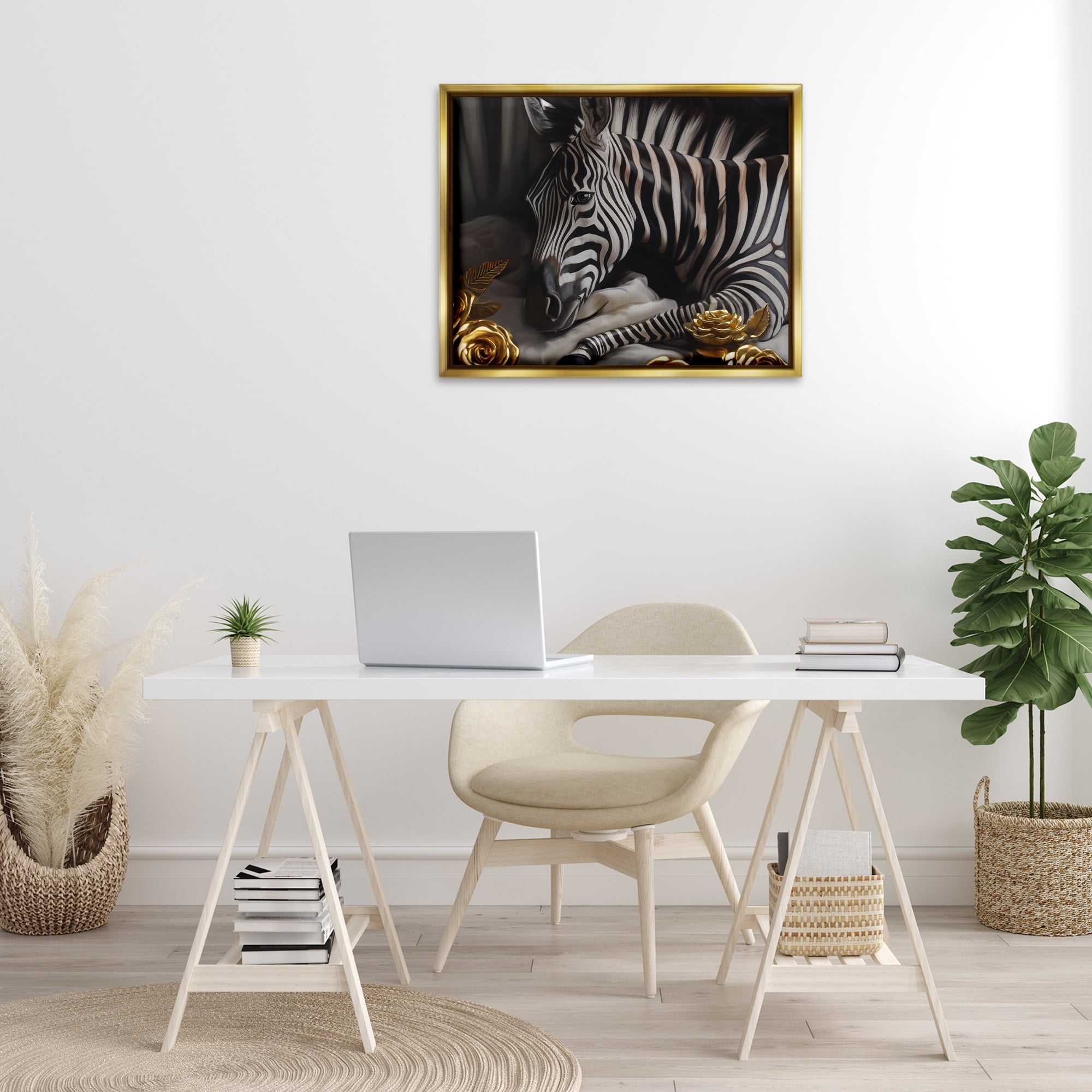 Stupell Industries Zebra with Gold Flowers Animals Painting Gold Floater Framed Canvas Art Print Wall Art, 31 x 25