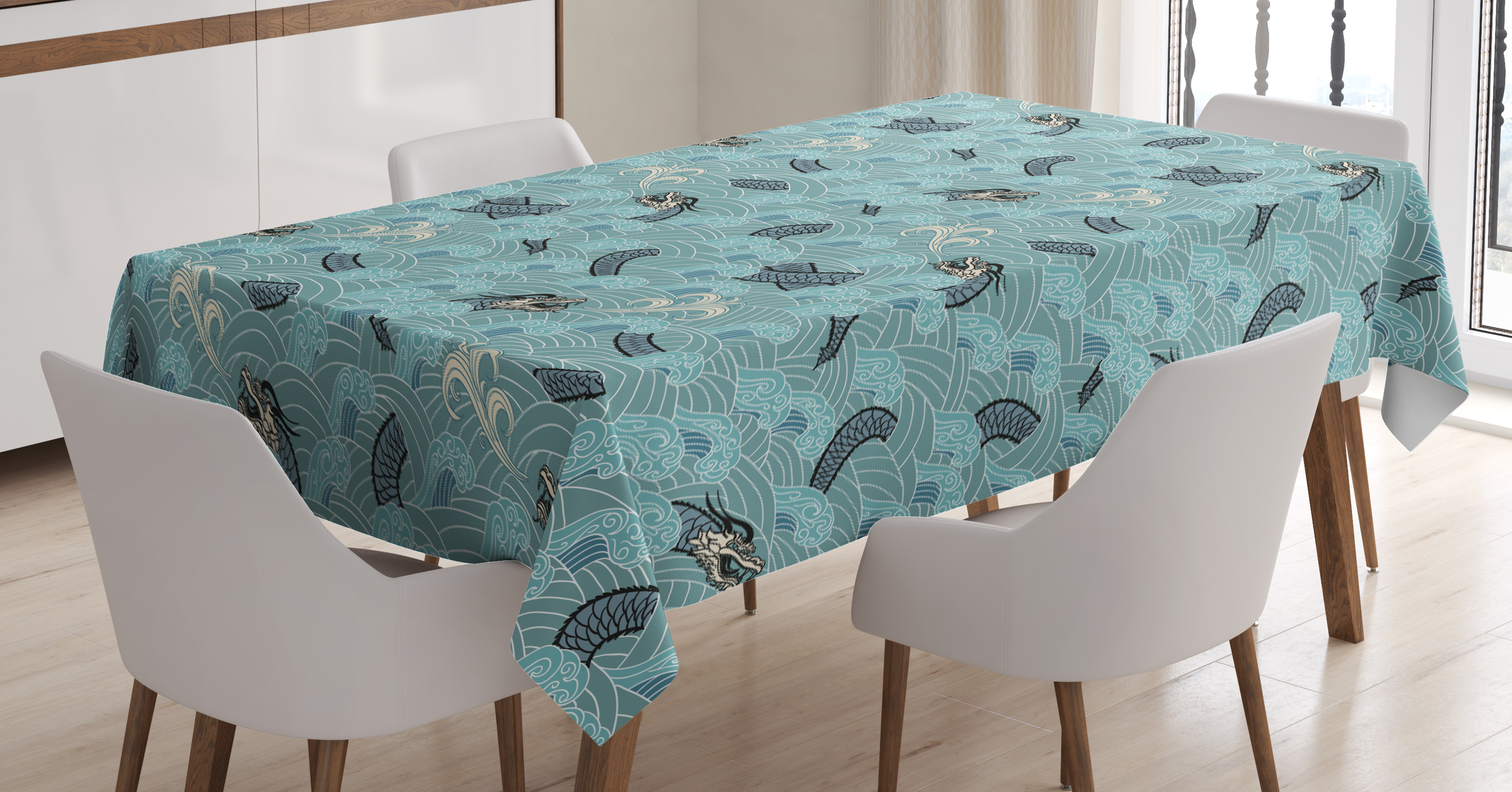 Japanese Wave Tablecloth, Asian Style Pattern with Dragon Figures and