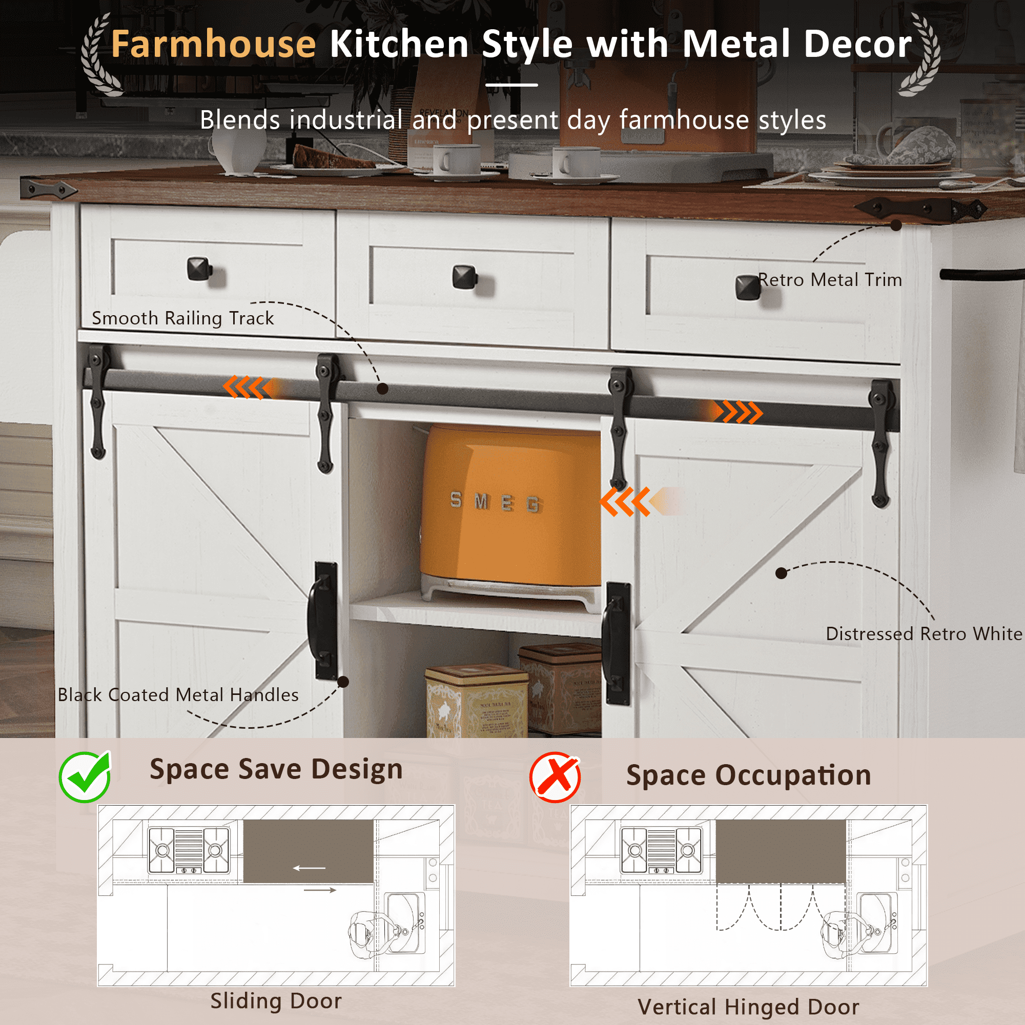 Homy Casa Farmhouse 53.7" Rolling Kitchen Island with Storage Cabinet, Sliding Barn Doors, Wood Top Storage Cart