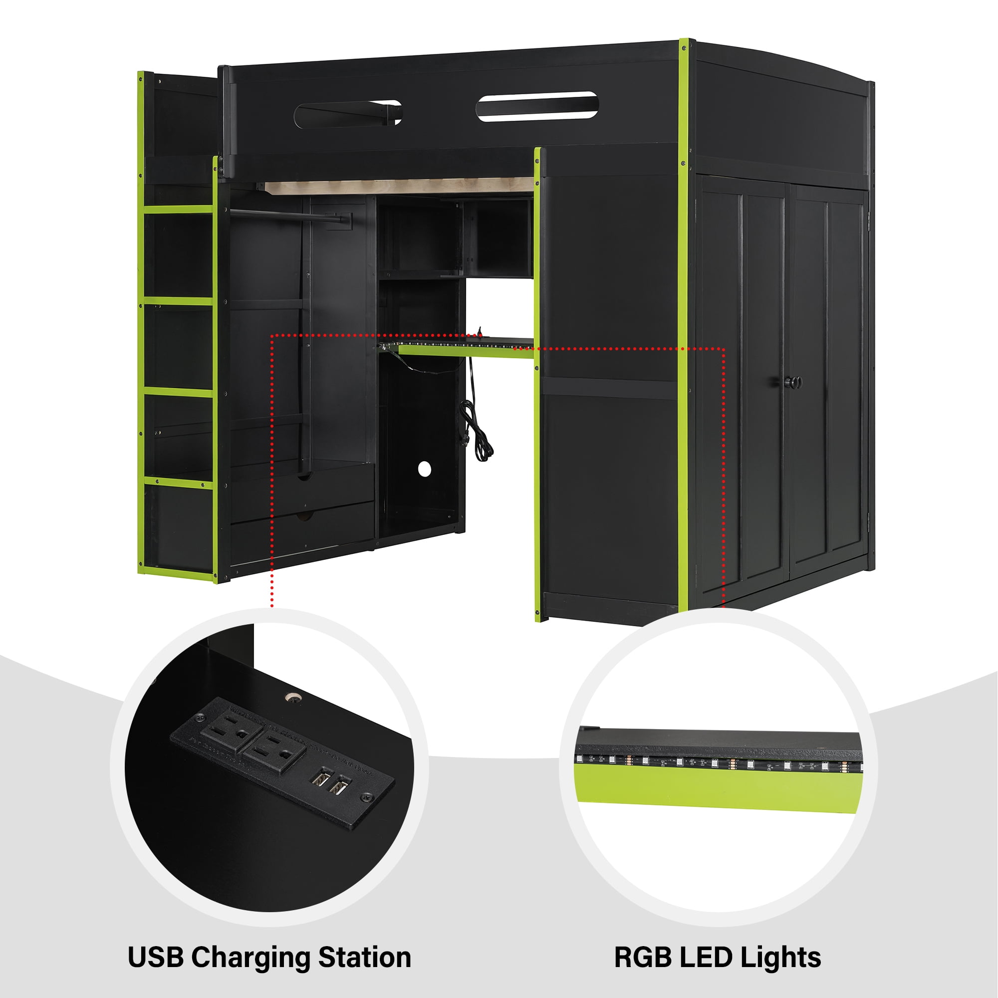 Aukfa Full Size Gaming Loft Bed, Esports Bed Frame with Desk, Wardrobe, RGB LED Lights & Charging Station, Shelves, Green