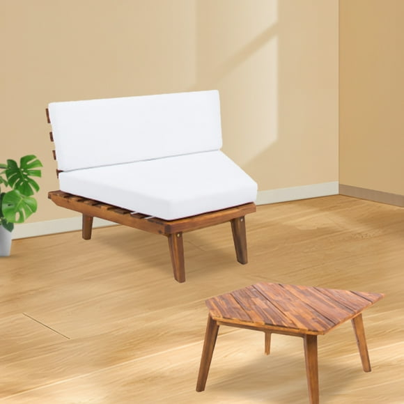 Outdoor Acacia Wood Corner Sofa with Cushions | Includes Wooden Table | Ideal for Terrace, Living Room, or Patio | White Finish | Perfect Outdoor Couch Setup