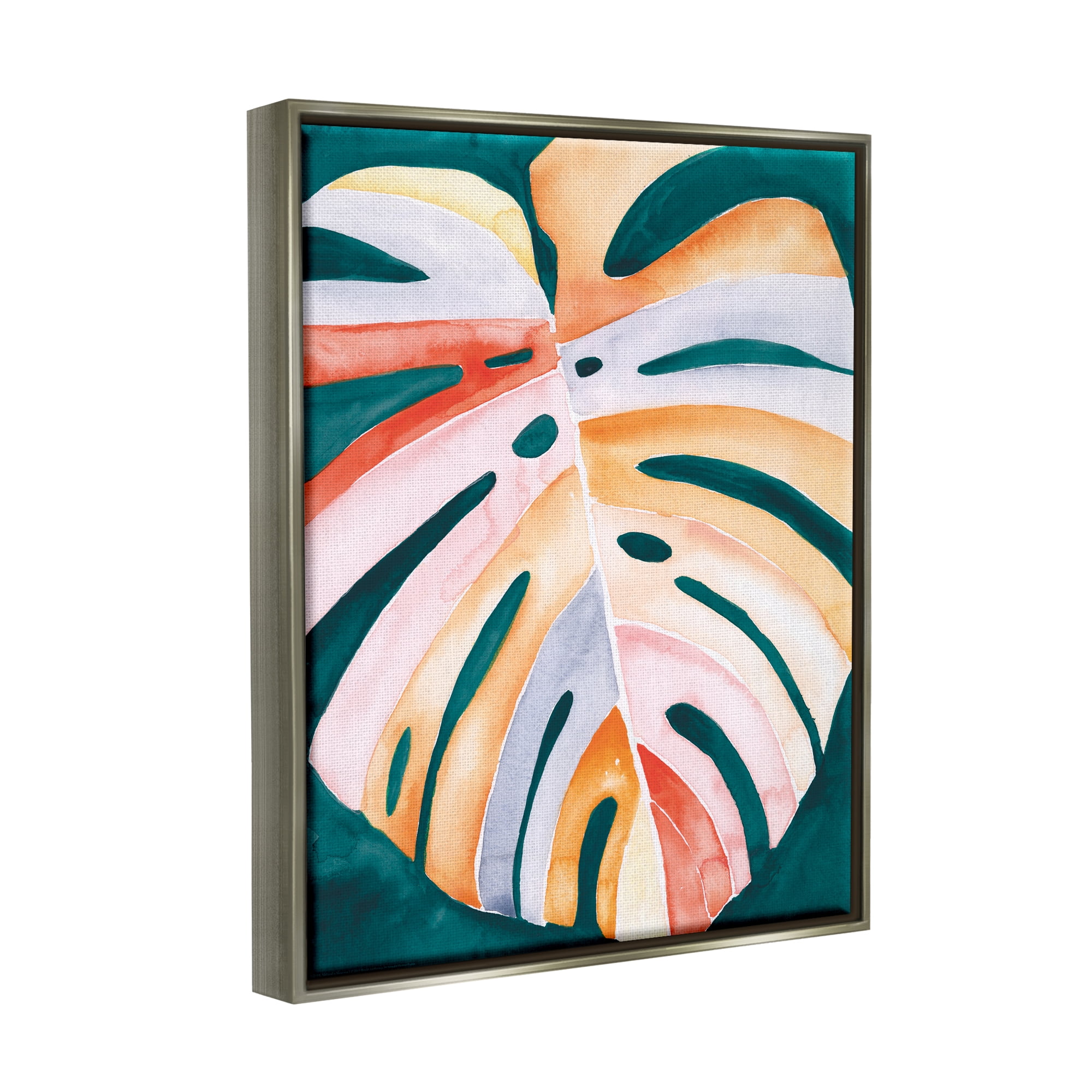 Stupell Industries Tropical Monstera Leaf Botanical & Floral Painting Gray Floater Framed Art Print Wall Art, 25 x 31
