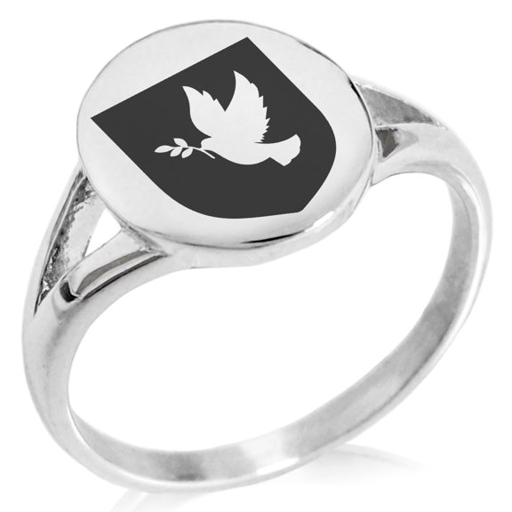 Stainless Steel Dove Peace Coat of Arms Shield Minimalist Oval Top Polished Statement Signet Ring