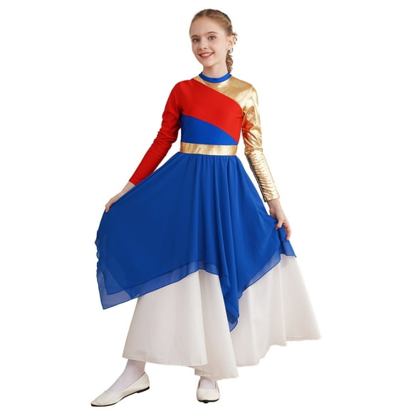 CHICTRY Robe de Danse pour Filles Enfants Robe Métallique à Manches Longues Robe de Culte Lyrique Asymétrique Jupe en Chiffon Bleu Royal 6