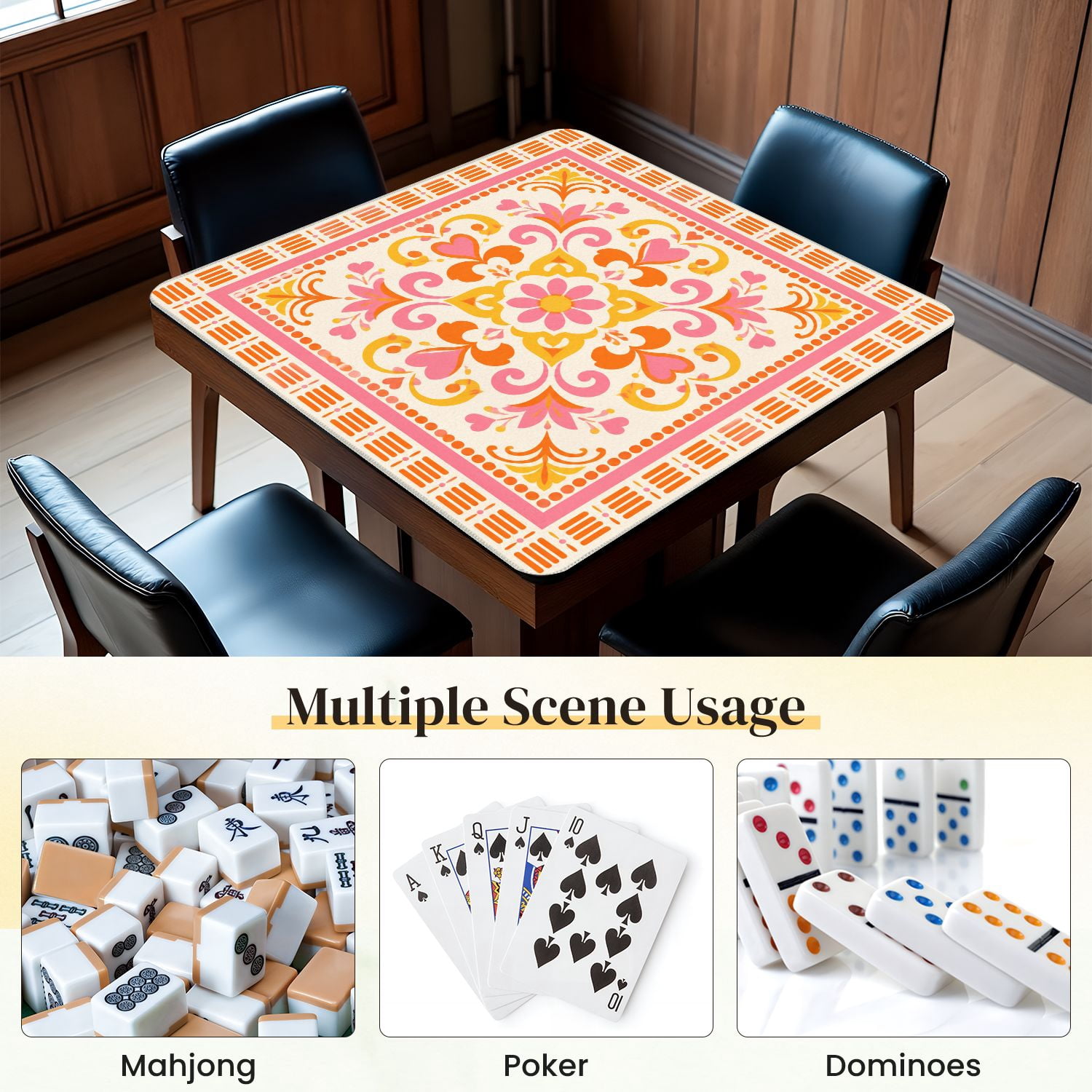 Mahjong Mat 31.5" x 31.5" Floral Ornamental Pink Orange Heart Motifs Swirls Non-Slip Noise Reduction Mahjong Tiles Table Cover for Dominoes Poker Card Board and Tile Games