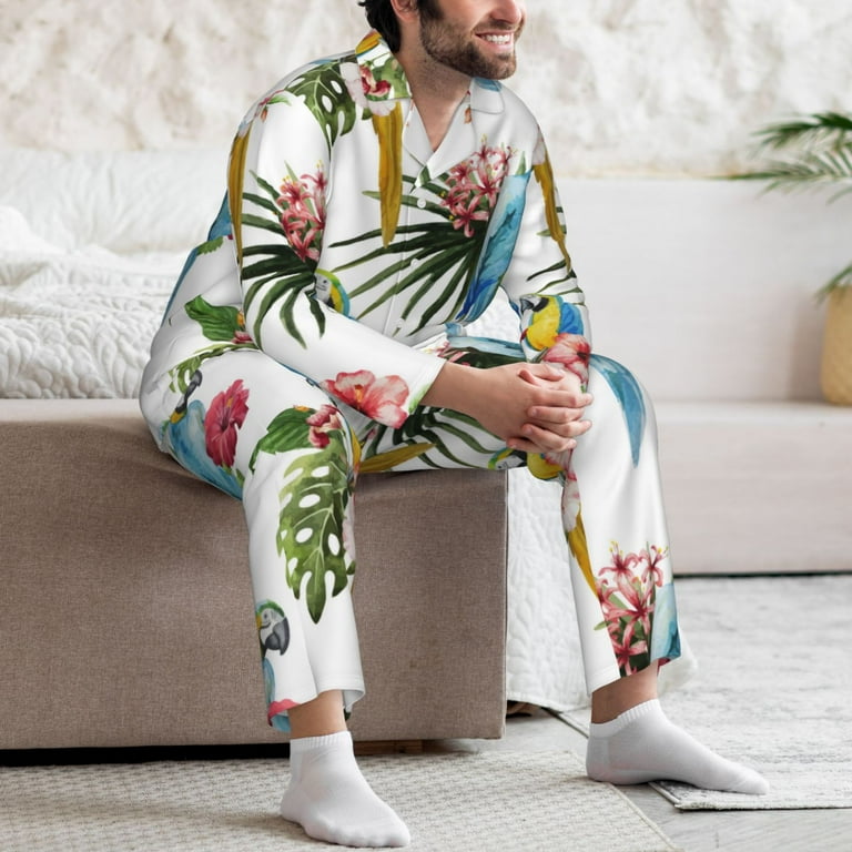 Mens Pajamas Set Cute Parrot Flower Monstera Soft Comfy Long Sleeve Button Up Pajama Sets for Men 2 Piece Sleepwear Nightwear Pjs Lounge Sets for Men with Pockets Walmart