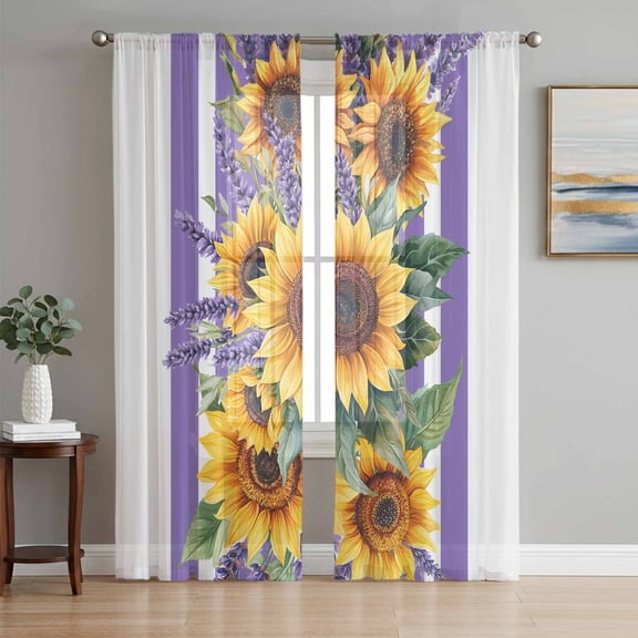 Sunflower Sheer Curtains 96 Inch Length 2 Panels Set, Yellow Summer Floral Purple Striped Farmhouse Voile Window Treatment Semi Sheer Long Curtains Drapes for Bedroom/Living Room/Kitchen 52"x96"x2