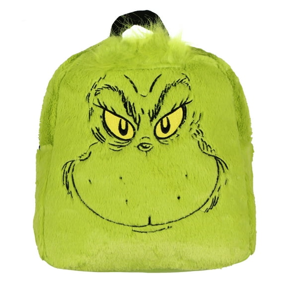 Dr. Suess The Grinch Embroidered Face w/ 3D Hair Tuft Fuzzy Soft Mini Backpack 11"