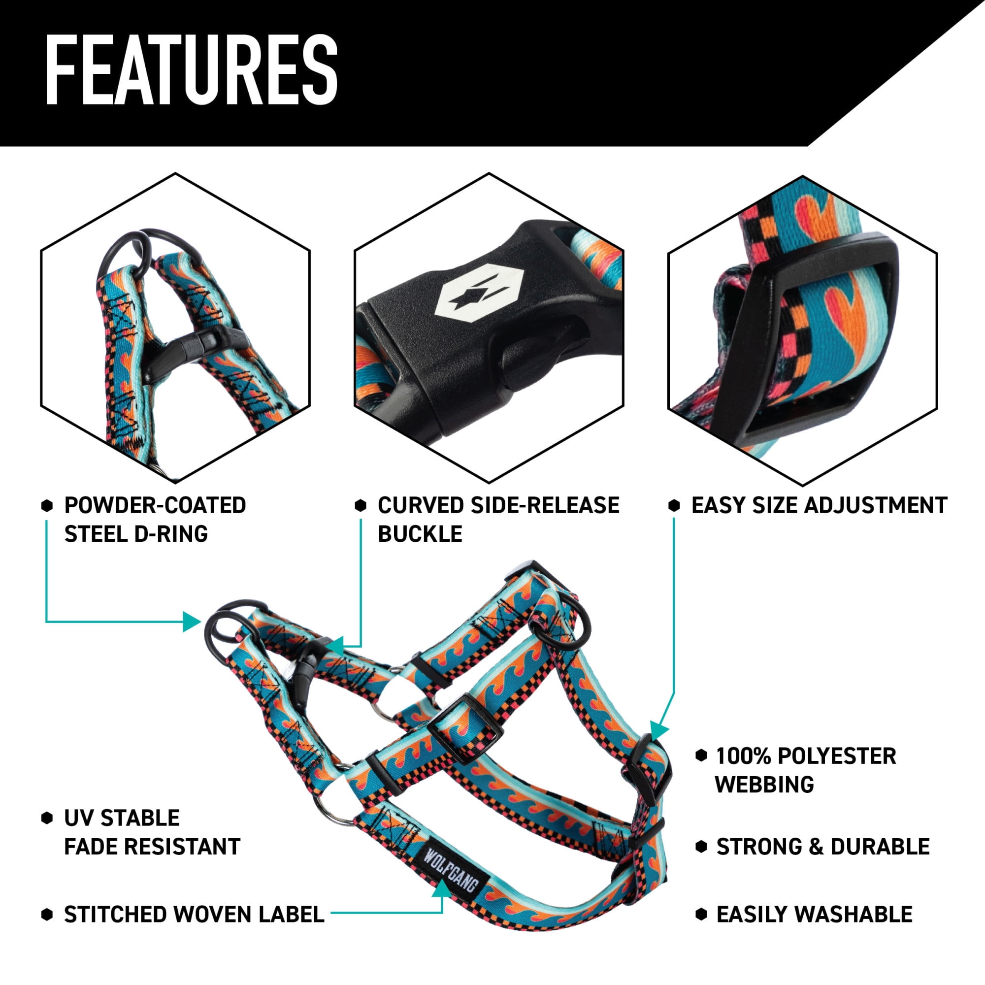 Wolfgang Heavy Duty Adjustable Dog Harness, Pull-Tested to Over 800 lbs for Walking & Training, BuenaOnda Print, Small