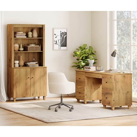 WAMPAT Home Office Furniture Set 58 Executive Desk with Charging Station and Drawers 71 Tall Bookcase with Doors and Adjustable Shelves for Living Room Dark Brown Wood