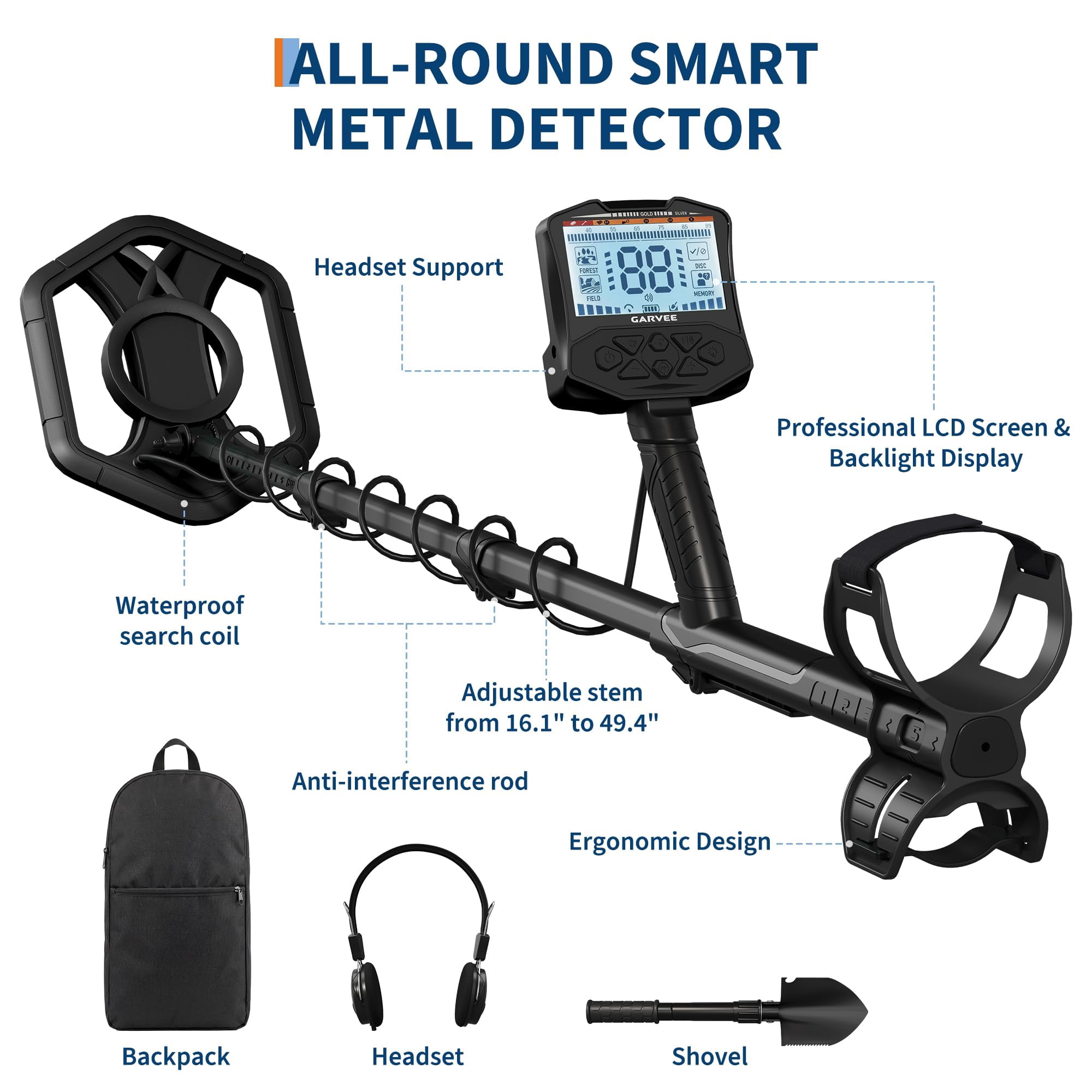 Adult Professional Metal Detector with 5 Detection Modes, IP68 Waterproof Coil, Large Backlit LCD Display, High-Accuracy Gold & Coin Finder for Beach Treasure Hunting, Easy for Beginners, Black