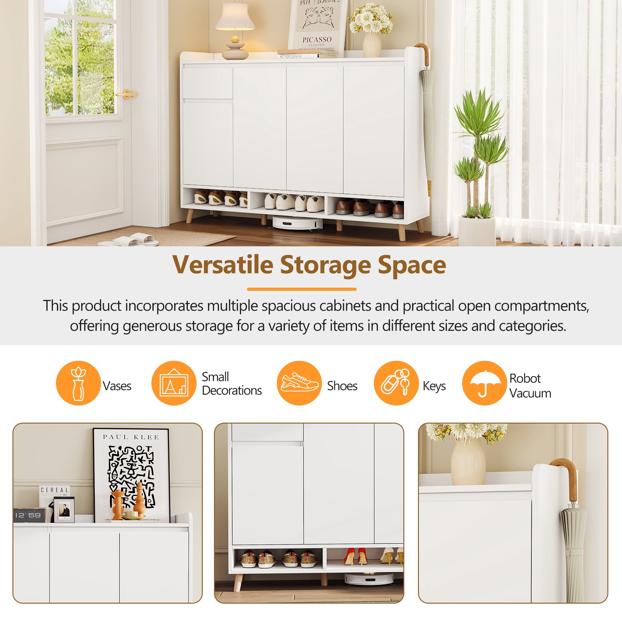 Aukfa Shoe Cabinet, Freestanding Shoes Organizer Cabinet with Adjustable Shelves for Entryway, White
