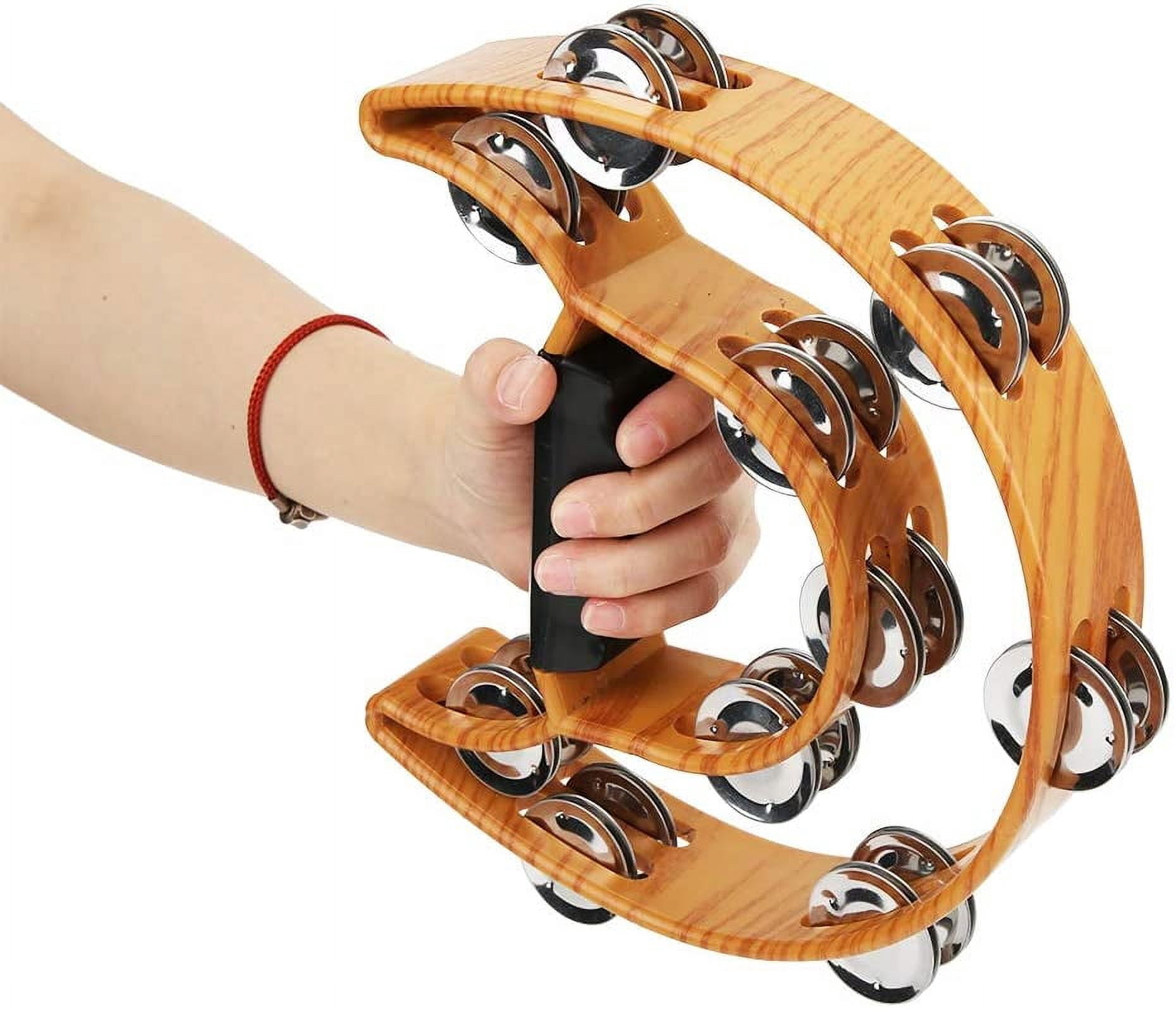 CATPAN Sturdy Wooden-Style Tambourine with Double Row Jingles & Comfort Grip - Percussion Instrument