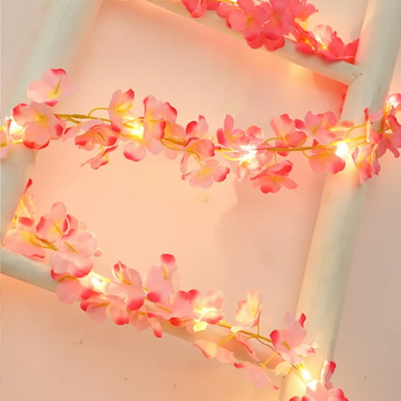 KOYPTL Artificial Cherry Blossom Flower Garland with String Lights 78.8 Inch Hanging Silk Flowers Vines Ornament Christmas Garland Outdoors for Wedding Garden Party Arch Office Indoor Home Decor Pink