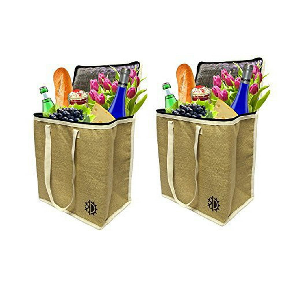 Earthwise Large Jute Insulated Shopping Grocery Bags w ZIPPER TOP LID Thermal Cooler Tote KEEPS