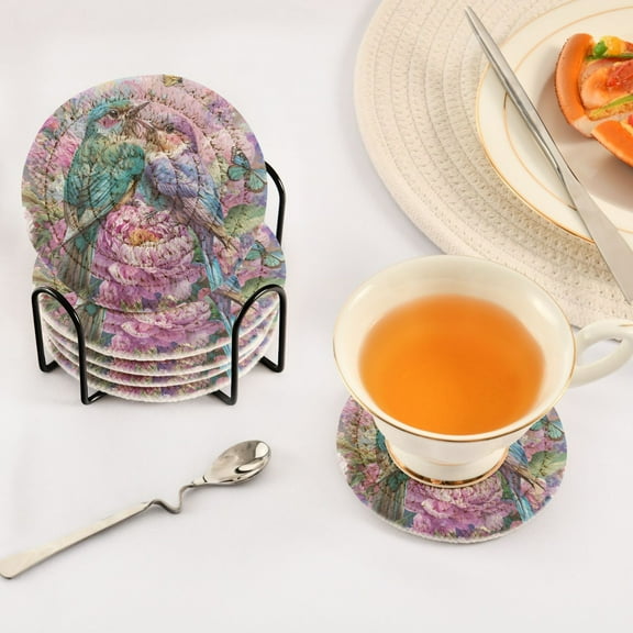 YAZAOO 6Pcs Drink Coasters With Holder 3.94Inch Birds and Flowers. Creative Coil Coaster Coasters Colors Absorbent Coasters for Drinks Coasters Set Thicken Heat for Home Table