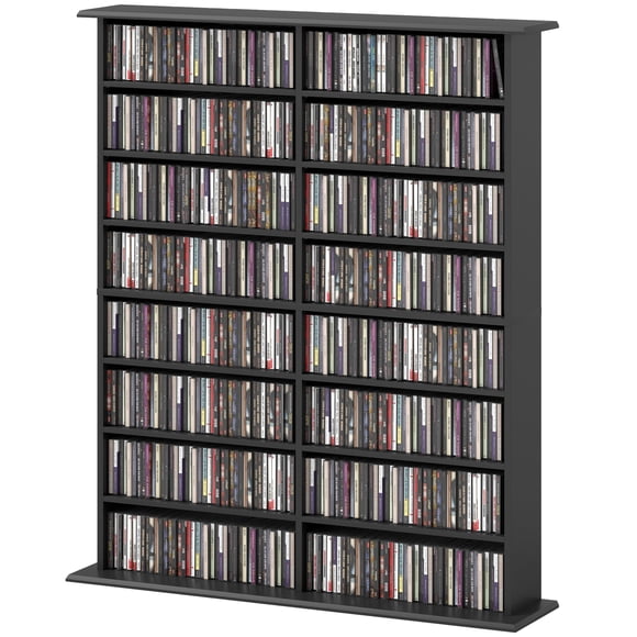 Black 8-Tier Media Shelf - Adjustable DVD & CD Storage Rack for Living Room, Office & Home - Holds 720 CDs, 396 DVDs - 42"W x 9.4"D x 49.7"H