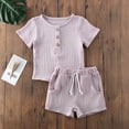 thumbnail image 2 of Baby Girls Plain Short Sleeve Button Down Top +Cotton Linen Shorts Outfit Clothes, 2 of 5