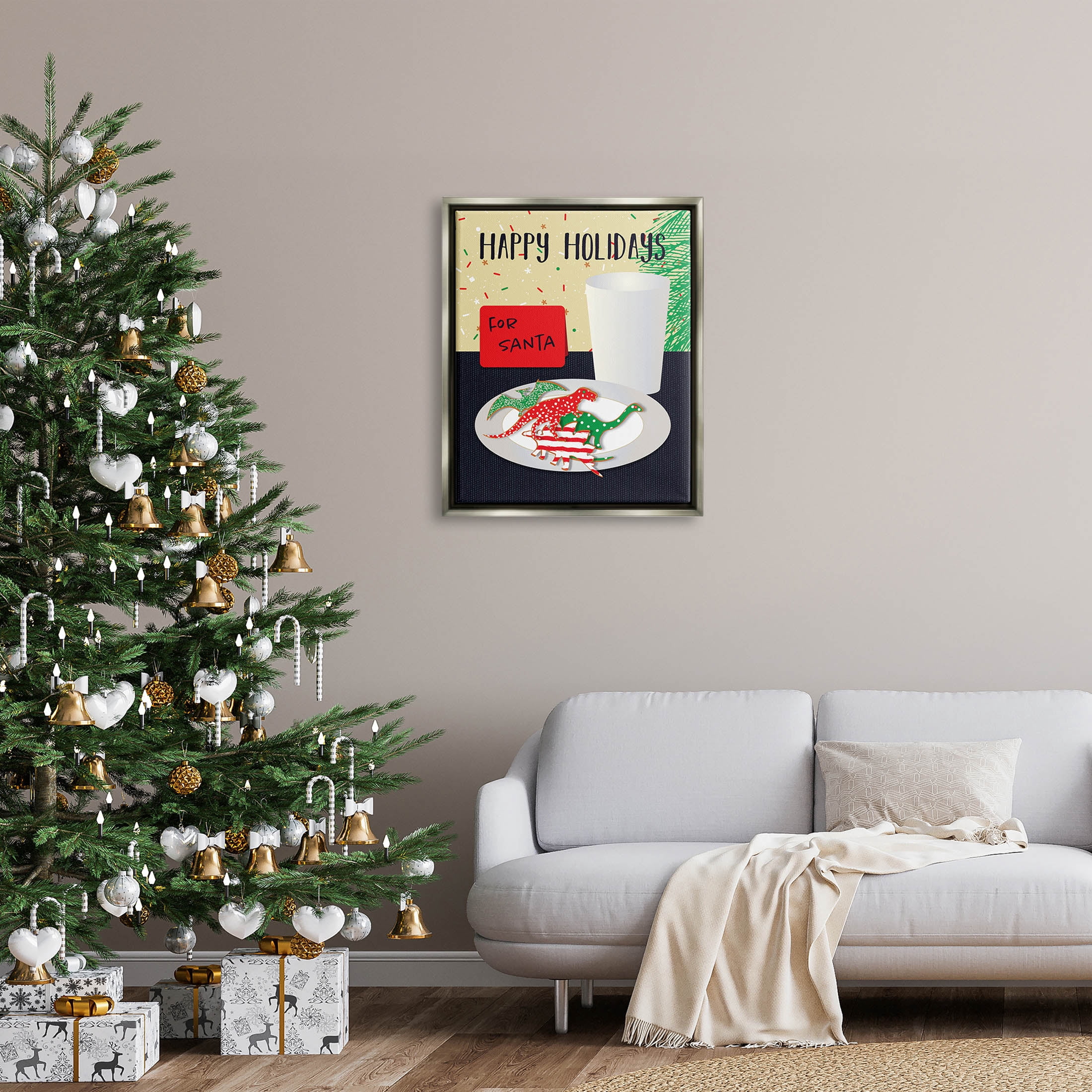 Happy Holidays Dinosaur Santa Cookies Holiday Graphic Art Luster Gray Framed Art Print Wall Art