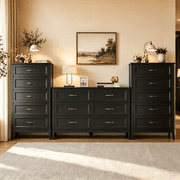 3-Piece Bedroom Dresser Set, Gizoon 6-Drawer Dresser and 2 × Tall 5-Drawer Chests, Wooden Storage Furniture for Bedroom Closet, Black